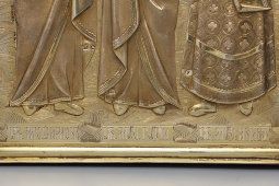 Старинная икона в серебряном окладе «Святые мученики Самон, Гурий и Авив», 84 проба, Москва, нач. 20 в.