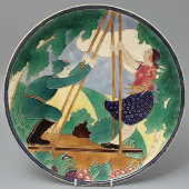 Декоративная тарелка Качели «На качелях», художник Прессман С. Б., ЗиК Конаково, 1930-е