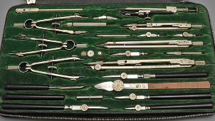 Готовальня, набор инструментов для черчения «Präcision Leonardo IX» в кожаном футляре, фирма Е. O. Richter&Co, Германия, 1950-60 гг.