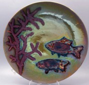 Подписная декоративная тарелка «Рыбы», керамика СССР, Артамонова О. С.