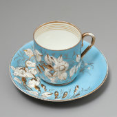 Антикварная чашка с блюдцем с белыми цветами на голубом фоне, Тов-во М. С. Кузнецова в Дулёво, 1892-1918 гг.