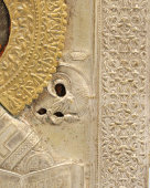 Старинная икона «Николай Чудотворец» в окладе из латуни, Россия, кон. 19 в.