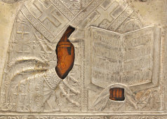 Старинная икона «Николай Чудотворец» в окладе из латуни, Россия, кон. 19 в.