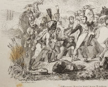 Старинная гравюра «Наполеон, раненый в ногу при Ратисбонне», Франция, 1809 год