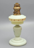 Старинная расписная керосиновая лампа с журавлем, латунь, молочное стекло, эмаль, Brevetes L&B, Бельгия, нач. 20 в.
