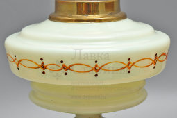 Старинная расписная керосиновая лампа с журавлем, латунь, молочное стекло, эмаль, Brevetes L&B, Бельгия, нач. 20 в.