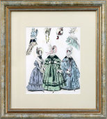 Старинная гравюра «Парижская мода: платья и шляпы», багет, стекло, Франция, 1870-е