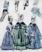 Старинная гравюра «Парижская мода: платья и шляпы», багет, стекло, Франция, 1870-е
