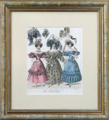 Старинная гравюра «Французская дамская мода: платья, причёски и шляпки», багет, стекло, Франция, 1870-е