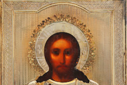 Старинная деревянная икона «Господь Вседержитель» в серебряном окладе, 84 проба, Москва, 1856-1896 гг.