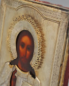 Старинная деревянная икона «Господь Вседержитель» в серебряном окладе, 84 проба, Москва, 1856-1896 гг.