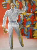 Советский плакат-диптих «Рабочий и женщина с ребенком», художник Г. Шуршин, изд-во «Плакат», 1987 г.