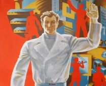 Советский плакат-диптих «Рабочий и женщина с ребенком», художник Г. Шуршин, изд-во «Плакат», 1987 г.