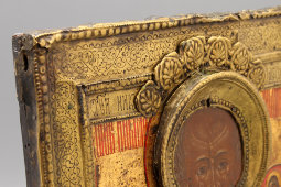 Старинная икона «Святой Николай Чудотворец», латунный оклад, Палех, 1-я пол. 19 в.