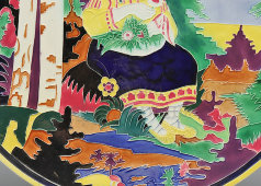 Декоративная тарелка «Под березой» (Крестьянка с цветами), ЗиК Конаково, 1930-е, художник С.Б. Прессман, фаянс, живопись