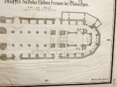 Старинная гравюра «Мюнхен Фрауэнкирхе Поэтажный план Венинг», Германия, 1700-е годы