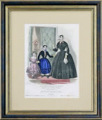 Старинная гравюра «Женские платья» из журнала «Монитор моды», багет, стекло, Франция, 1840-е