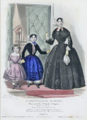 Старинная гравюра «Женские платья» из журнала «Монитор моды», багет, стекло, Франция, 1840-е