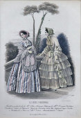 Старинная гравюра «Парижская мода: уличное платье», багет, стекло, Франция, 1870-е