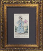 Старинная гравюра «Парижская мода: дамские аксессуары», багет, стекло, Франция, 19 в.