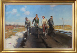 Советская живопись «Велосипедисты», холст, масло, СССР, 1953 г.