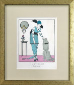 Старинная гравюра, иллюстрация «Победитель. Вечернее платье» к журналу о моде «La Gazette du Bon Ton», багет, стекло, Франция, 1914 г.