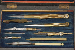Старинная готовальня, набор чертежных инструментов, сталь, бронза, кость, Европа, 19 в.
