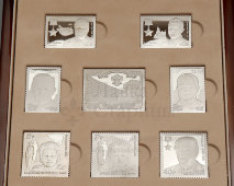 Подарочный набор из 8 реплик почтовых марок в честь разведчиков Службы внешней разведки РФ, медь, серебрение, г. Киров, 2019-20 гг.