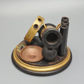 Старинный курительный прибор, пепельница «Бомбарда», латунь, дерево, Европа, н. 20 в.