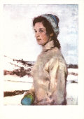 Почтовая открытка «Лыжница», художник С. Г. Невельштейн, Ленинградский художник, 1958 г.