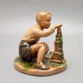 Статуэтка «Мальчик с кубиками», скульптор Столбова Г. С., Гжельская керамика, СССР, 1950-е