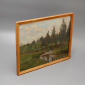 Картина пейзаж «Ручей в лесу», художник Колупаев Д. А., фанера, масло, 1930-40 гг.