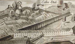 Старинная гравюра «Монастырь Святая гора», Германия, 1700-е годы