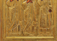 Старинная икона в латунном окладе «Святые мученики Самон, Гурий и Авив», Россия, кон. 19 в.
