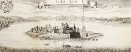 Старинная гравюра «Замок Вёрт на острове Вёрт», Германия, 1700-е годы