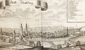 Старинная гравюра «Город, двойной лист», Германия, 1700-е годы