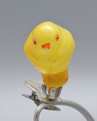 Стеклянная елочная игрушка на прищепке «Желтый цыпленок», стекло, СССР, 1950-е