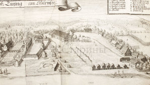 Старинная гравюра «Замок Тутцинг-ам-Вюрмзее», Германия, 1700-е годы