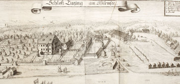 Старинная гравюра «Замок Тутцинг-ам-Вюрмзее», Германия, 1700-е годы