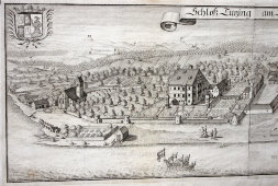 Старинная гравюра «Замок Тутцинг-ам-Вюрмзее», Германия, 1700-е годы