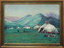 Картина «Кочевой поселок», советская живопись, картон, гуашь
