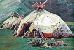 Картина «Кочевой поселок», советская живопись, фанера, масло