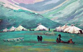 Картина «Кочевой поселок», советская живопись, фанера, масло