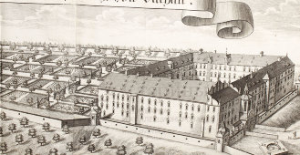 Старинная гравюра «Замок Дахау», Германия, 1700-е годы