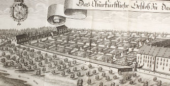 Старинная гравюра «Замок Дахау», Германия, 1700-е годы