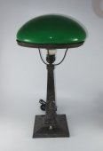 Агитационная настольная лампа из белого металла с зеленым абажуром, СССР, 1920-30 гг.