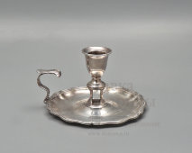 Антикварный подсвечник с ручкой (ночная свеча), белый металл, Европа, 19 в.