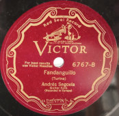 Гитара, исполняет Андрес Сеговия,  Tremolo Study\Fandanguillo. 1920-е годы. Пластинка большого размера. Редкость! США. Victor Records