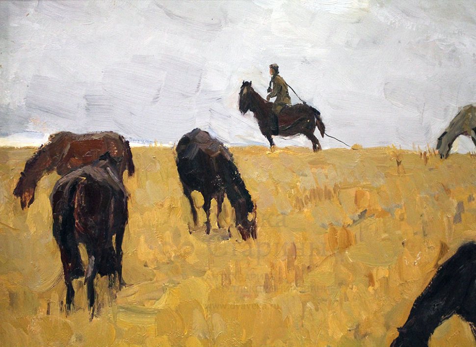 Картина «Лошади на стерне», СССР, 1957 г., художник Попов И. А., бумага,  масло