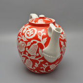 Большой винтажный доливной чайник с бело-оранжевым цветочным декором, автор росписи Леонов П. В., живопись, фарфор Дулево, 1937-41 гг.